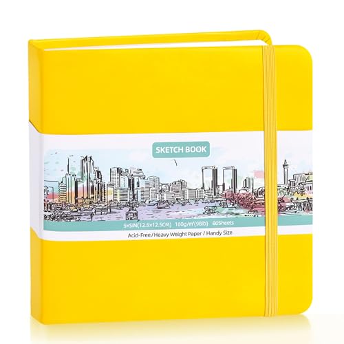 Hardcover Pocket Sketchbook, 5" × 5", 80 Sheets Small Sketch Book, Yellow - color: Yellow