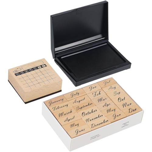 Koqye 25PCS Vintage Wooden Rubber Stamps Set with Large Black Ink Pad - color: Month & Calendar