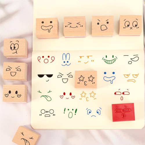 Whaline 24 Pcs Expression Wooden Rubber Stamps Funny Cartoon Face Expression DIY Craft Stamps for Party Decor Scrapbooking Cards Making - style: Mood Expression