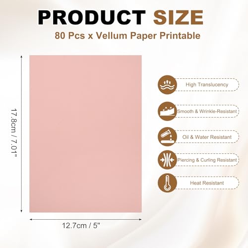 PATIKIL 80Pcs 7"x5" Vellum Printable Tracing Paper for Drawing 100g Pink | Vellum Paper Sheets Jackets Tracing Transparent for Invitations Belly Bands Envelope Gift Drawing Sketching - color: Pink, size: 7" x 5"