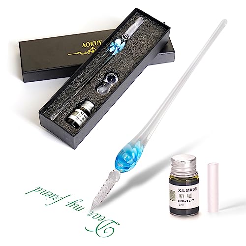 Glass Dip Pen Set,Calligraphy Pen,Crystal Signature Pen for Art, Writing, Signatures -Decoration and Business Gift - color: Lake Blue Flower