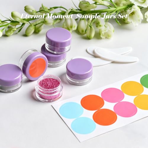 Eternal Moment 50 Pack 5G Sample Containers with Lids Cosmetic Small Jars | Makeup Travel Jars for Cream, Bead, Eye Shadow, Jewelry, Lotions, Powders, Glitters Lip Gloss with Labels,Spatulas (Purple) - color: Purple Lid, size: 0.17 Ounce