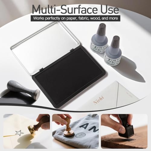 Large Black Stamp Ink Pad Set - 1 Black Stamp Pad & 2 Black Ink-Refills (2 oz), 6.2" x 3.9" Large Ink Pad for Rubber Stamps, Non-Toxic, Waterproof & Permanent - color: Black Stamp Pad & Ink-refills (2 Oz)