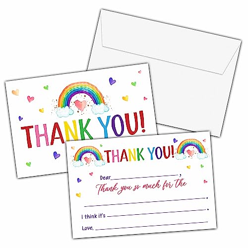 Boho Rainbow Thank You Cards, Rainbow Fill In The Blank Thank You Card, Thank You Notes for Girls Boys, Birthday Party Favors Supplies (20 Set of Cards with Envelopes) - B02 - color: Rainbow