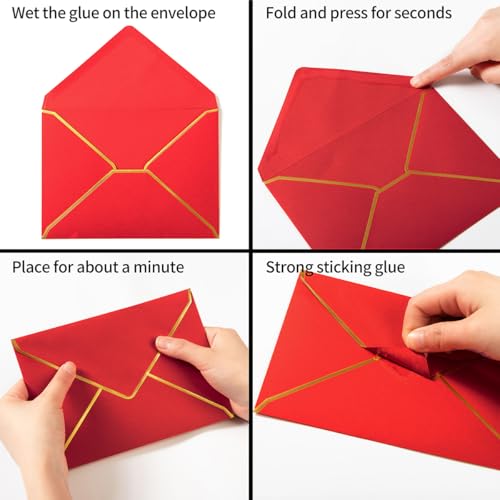 50 Pack A4 Envelopes Red 4x6 with Gold Border, 4.25x6.25 inches | Self-Adhesive, V Flap, For Wedding, Graduation, Baby Shower, Parties, Invitations - color: Red, size: A4 (4.25x6.25)