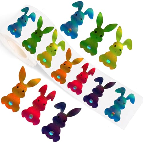 500PCS Easter Stickers Roll 8 Colors Spring Easter Bunny Stickers 1.2in Laser Glitter Self-Adhesive Decorative Label Rabbit Sticker for Envelopes Scrapbook Holiday Party Decorations - color: Colorful Bunny-6