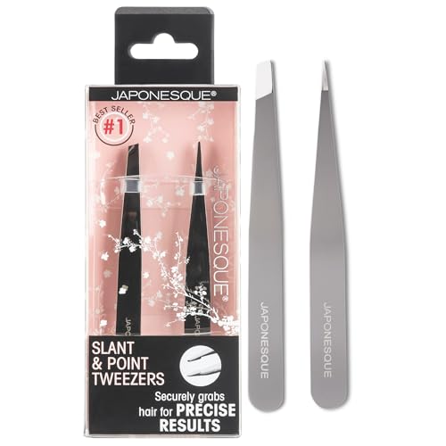 JAPONESQUE Slant and Point Tweezers Set, for Defining and Shaping Brows, Made with Hand-Sharpened Stainless, Ideal for Travel - style: Standard Set