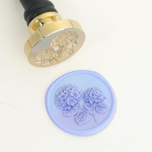 UNIQOOO 3D Embossed Relief Double Hydrangea Flowers Wax Seal Stamp with Wooden Handle, Vintage Brass Twin Floral Botanical Stamp Head for Wedding Invitations, Envelope Sealer, DIY Craft, Gift Wrapping - color: Double Hydrangea Flowers