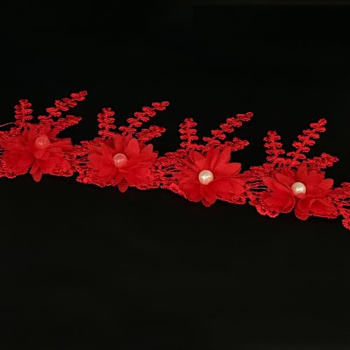 1 Yard Vintage Flower Pearl Beads Lace Edge Trim Ribbon Floral Fabric Embroidered Appliques Sewing Lace for Wedding Bridal Dress Clothes Costume Hat Home Party Decoration (Red, 1 Yard) - color: Red, size: 1 Yard
