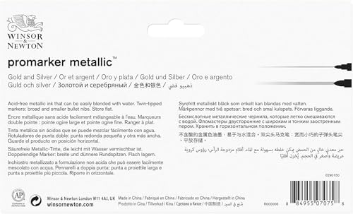 Winsor & Newton Promarker Metallic, Set of 2, Gold and Silver | Twin-tipped, Broad chisel nib for broad strokes & shading, Fine bullet tip for precision, Alcohol-Based Ink - color: Metallic, style: Set of 2