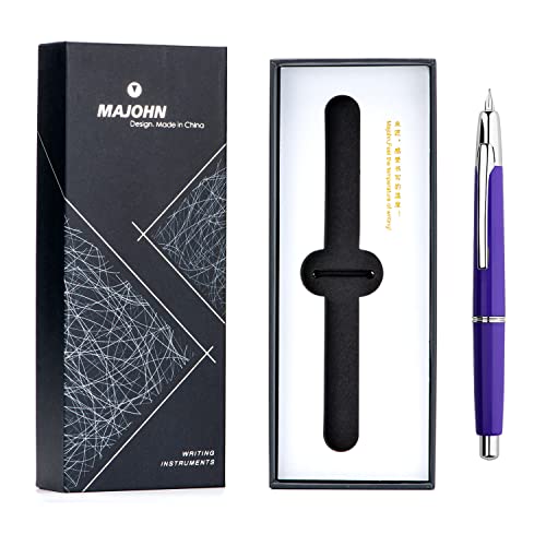 erofa Majohn A2 Press Fountain Pen Extra Fine Nib with Box, Retractable Purple Resin Ink Pen with Converter Writing Pen Set (Silver Clip Version - color: Purple--Silver Clip