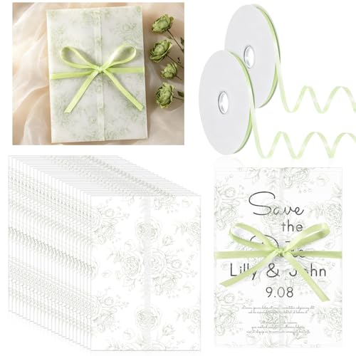 100 Pcs Pre Folded Floral Vellum Jackets for 5x7 Invitations, Wedding Translucent Vellum Paper with Ribbon, Envelope Liners for Wedding Bridal Baby Shower Birthday Mother Event(Sage Green) - color: Sage Green