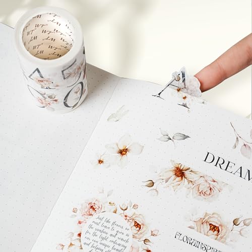 WT Pre-Cut Rosé Scripts Wide Washi Tape, Single Roll, Original Designs, Blush Floral & Handwritten Script, Japanese Decorative Paper Tape, Junk Journal Scrapbook Bujo Planner DIY Craft Supplies - color: WT Pre-Cut Rosé Scripts Wide Washi Tape