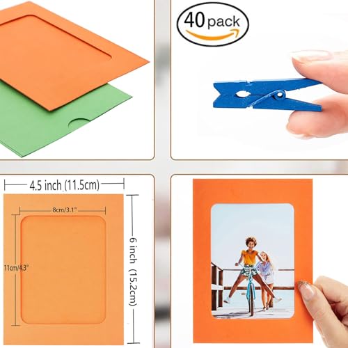 Colorful Paper Photo Frame 30 Pcs DIY Creative Retro Kraft Paper Polaroid Films Hanging Album Frame with Mini Clips and Hemp Ropes for Home Dorm Office 6 inch 10 Colors