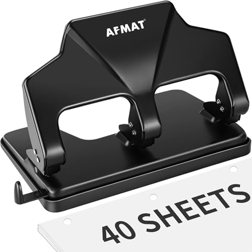 AFMAT 3 Hole Punch Heavy Duty, 40-Sheet Three Hole Punch, 50% Reduced Effort, 3 Hole Puncher for Binder w/Large Chip Tray, 9/32" Holes Diameter, Metal Paper Puncher for Home/Office/School, HP14 - color: Black