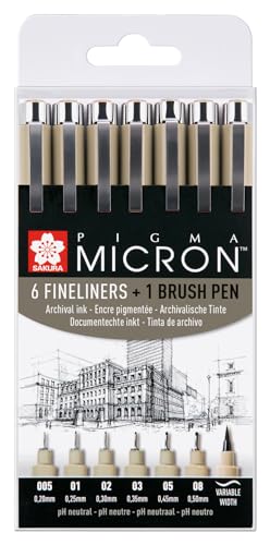 SAKURA Pigma Micron Fineliner Pens Set of 6 + Brush Pen | Waterproof, Permanent Black Ink | Pens for Writing, Drawing & Journaling