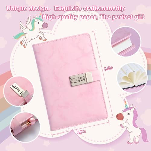 Diary Gift Set, Marble PU Leather 300 Pages Journals for Writing, Drawing Notebook with Lock Includes Combination Lock, Double Layer Pencil Pouch, Bracelet, Diamond Pen