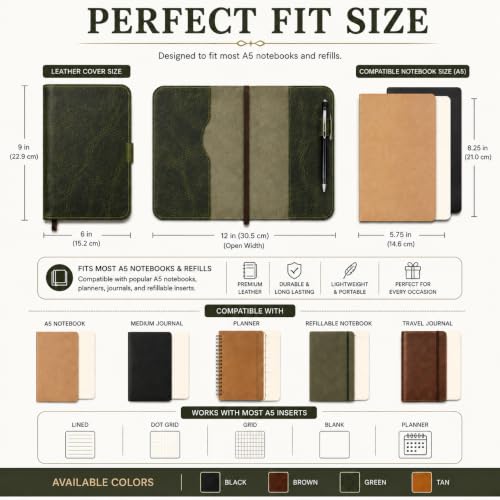 Handmade Refillable A5 Leather Journal Cover 9 x 6 in, Green - color: Green