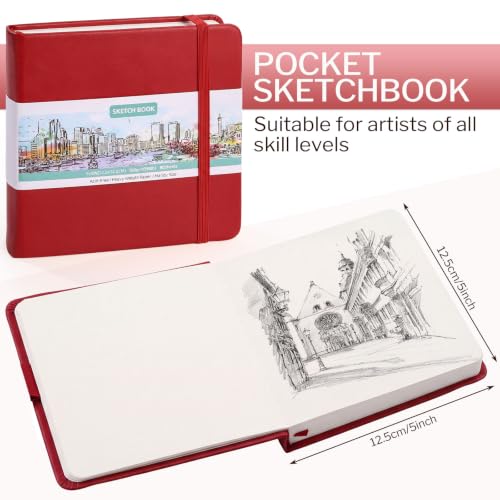 Hardcover Pocket Sketchbook, 5" × 5", 80 Sheets Small Sketch Book, Red - color: Red