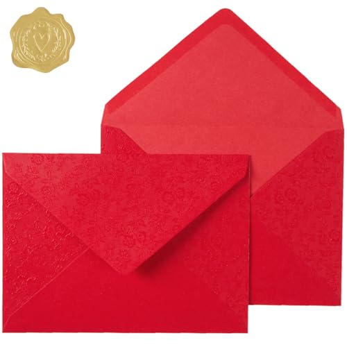 50 Pieces A7 Envelopes 5x7 with Gold Stickers, Rose, Red | Vines Flower Texture Pattern, V Flap Luxury Mailing for Invitations, Wedding, Graduation, Baby Shower - color: Red