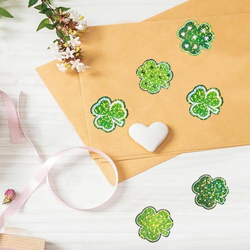 500Pcs St. Patrick's Day Stickers Roll 1in Laser Glitter Shamrock Stickers 3 Designs Self-Adhesive Holographic Clover Sticker Decor for Irish Holiday Party Scrapbook Envelopes Decals Decorations - color: Shamrock-8