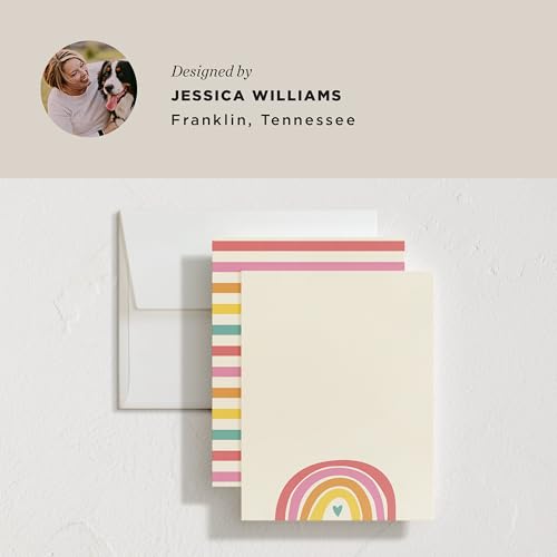 Minted Cheerful Stationery Set, Set of 10, Flat Note Cards & Envelopes for Invitiations and Handwritten Thank You Messages, Rainbow with Heart Accent, Gifts for Teachers - color: Cheerful