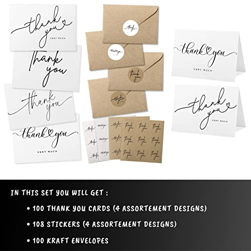 Layneria 100 Bulk Thank You Cards with Kraft Envelopes and stickers - 4 Minimalistic Designs Blank Thank You Notes with Envelopes for business Wedding Bridal Gift Baby Shower Business Graduation - color: White
