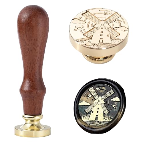 Windmill Wax Seal Stamp – Countryside Scene Wax Stamp with Hill, Clouds, Flying Swallow, and Classic Rural Windmill Design for Envelopes, Letters - color: Field windmills