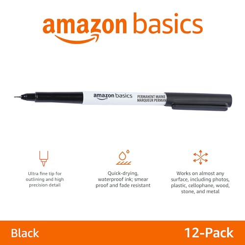Amazon Basics Ultra Fine Point Permanent Markers for Drawing and Writing, Quick Drying, Fade Resistant, Black, 12-Pack - color: Black, size: 12 Count (Pack of 1)