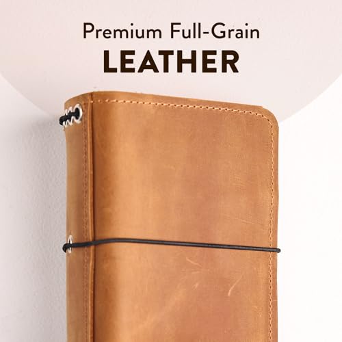 TORAKIP Leather Journal Cover A6 – Handmade Refillable Notebook Cover Fits A6 Inserts 4.1" x 5.8", With 2.2" Spine, 5 Elastic Bands, Pen Holder & Card Pockets (Paper Not Included), Caramel Brown - size: A6