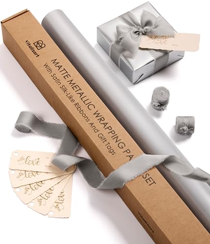 Vitalizart Matte Metallic Silver Wrapping Paper Set 30" Ribbons & Gift Tags | All-In-One Recyclable Luxury Elegant Gift Paper Roll Christmas Holiday Bridal Baby Shower Wedding Girls Boys Birthday 197" - color: Silver Paper & Silver Ribbons, size: 30 Inch