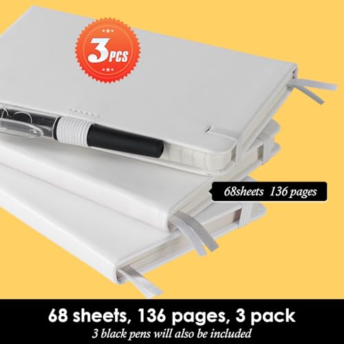 NIRMIRO Small Notebook Pocket Size Journal 3.7" x 5.7" (3 Pack), A6 Mini Notepad with Pen, Small Leather Note Book, 100gsm Lined paper, 408 Pages, White - color: 3 White, size: A6