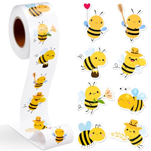 Qeeenar 500 Pcs Bee Decals Roll, Cute Animal Reward Stickers for Kids | Cute Bee Designs with Honey Motifs, Ideal for Classroom Incentives, Party Favors, Teacher Rewards, Kids Scrapbooking - style: Bee