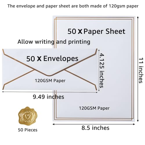 50 Pack Stationery Set with Envelopes, White, 8.5x11 Inches - color: White, size: 8.5x11 Inches