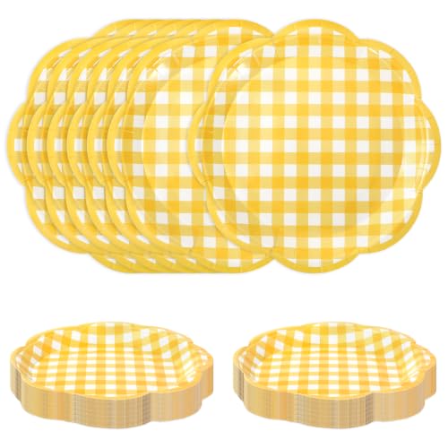 JarThenaAMCS 60 Pcs Yellow Gingham Plaid Paper Plates Yellow White Scalloped Checkered Dessert Plates 7 Inch Decorative Disposable Plate for Birthday Baby Shower Party Supplies - color: Yellow, size: 7in