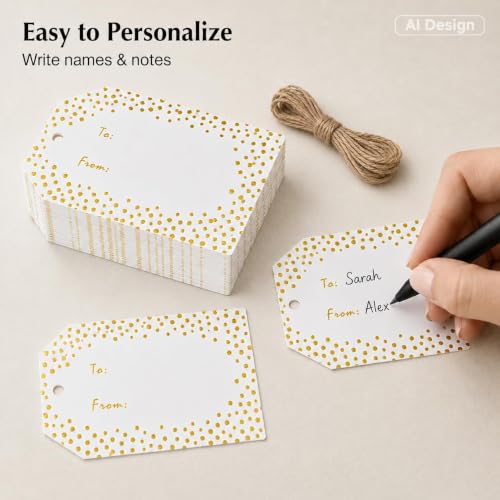 G2PLUS Gold Foil Gift Tags - 50 Pcs White Paper to and from Gift Name Tags with String for Present Wrapping, Wedding, Baby Shower, Christmas Party Favors - style: to from-Gold Dots