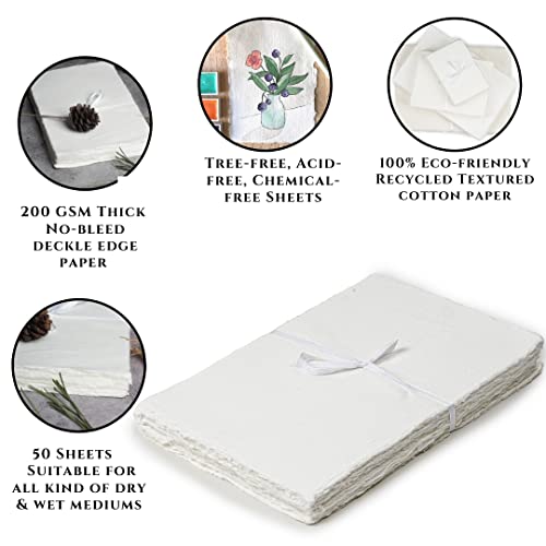 LEATHER VILLAGE Gray Deckled Edge Handmade Watercolor Paper 12x16. | 50 Sheets of 150 GSM thick cotton paper in soft grey tone for drawing, watercolor, ink, sketching and letter writing - color: Grey Toned, size: 12"X16"