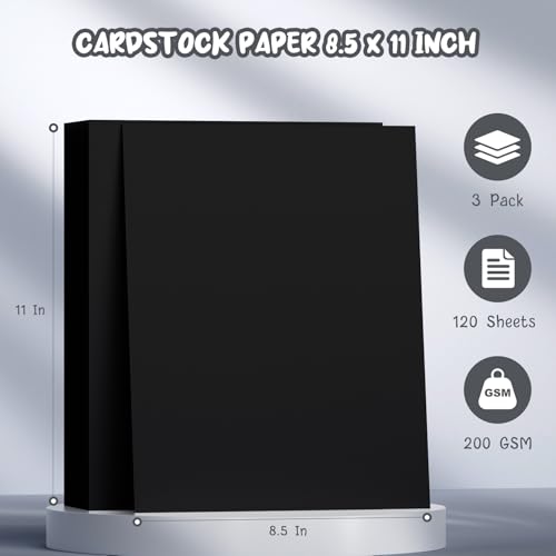 Black Cardstock 8.5 x 11, 120 Sheets Cardstock Paper, Construction Paper | 200 GSM Cardstock Printer Paper 8.5 x 11, Black Card Stock for DIY Cards, Invitations, Business Cards - color: Black, size: 8.5x11 IN-120 Sheets