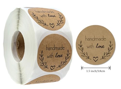 1.5 Inch Handmade with Love Stickers,500Pcs Thank You with Love Heart Sticker Baked Stickers Paper Lables Tags for Baking Packaging,Homemade Gift,Envelope Seals,Party Gift Wrap Bag (Brown03) - color: Brown03