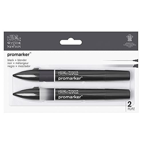 Winsor & Newton ProMarker Set, 2 Count, Black + Blender | Twin-tipped, Broad chisel nib for broad strokes & shading, Fine bullet tip for precision, Alcohol-Based Ink - color: Blacks + Blender, style: Set of 2