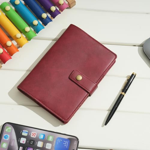 WONDERPOOL Leather Journal Dotted Paper Refillable Writing Binder Notebook - Leather Spiral Diary with Inner Organizer Pockets for Man and Woman (Wine red, A6) - color: Wine red, size: A6