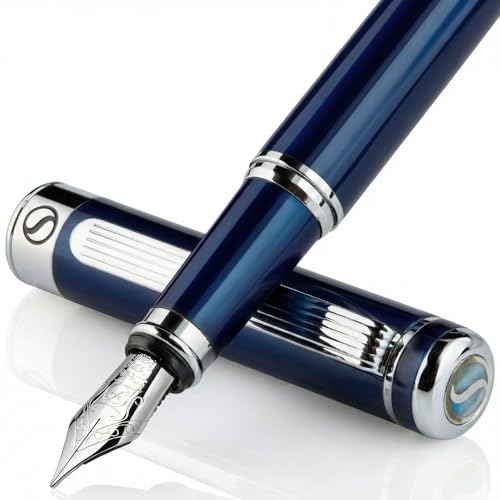 Scriveiner Midnight Blue Fountain Pen - Stunning Luxury Pen with Chrome Appointments, Schmidt Nib (Fine), Best Pen Gift Set for Men & Women, Professional, Executive, Office, Nice Pens - color: 11. Midnight Blue with Chrome, style: Fine Nib