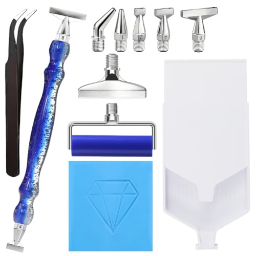 Diamond Painting Pens Kit, with Stainless Steel Elbow,1,2,4,8 Screw Tip Multiplacer Nibs Roller Tool, Diamond Art Tray with Lid, Tweezers, Putty Wax, Rhinestone Picker Tool for Adults (Dark Blue) - color: Dark Blue
