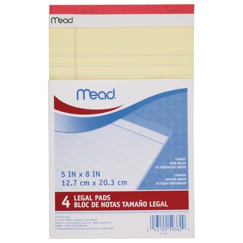 Mead Canary Junior Legal Pads, 5 x 8 Inch, 4 Pack 50 Sheets (59382) - size: 5" x 8"