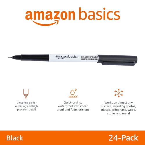 Amazon Basics Ultra Fine Point Permanent Markers for Drawing, Writing and Doodling, Quick Drying, Fade Resistant, Black, 24-Pack - color: Black, size: 24 Count (Pack of 1)