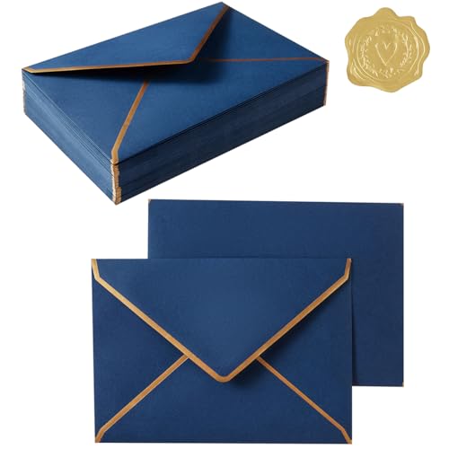 50 Pieces 4x6 Envelopes with Gold Stickers, Navy Blue, 4.25x6.25 Inch | Gold Border Included, For Greeting Cards and Invitations - color: Navy Blue, size: A4-4x6