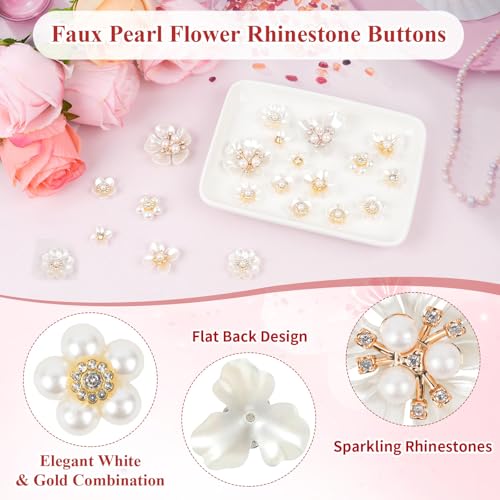 150 Pcs Pearl Flower Buttons,Flat Back Pearl Rhinestone Flowers for Crafts, Faux Pearl Resin Flower Embellishments for DIY Hair Accessories, Clothes, Bags, Shoes, Wedding Bouquets