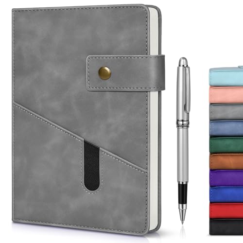 vfaejll Lined Notebook with Pen, 5.9"x8.4" A5 Hardcover Leather Journal Set - color: Grey