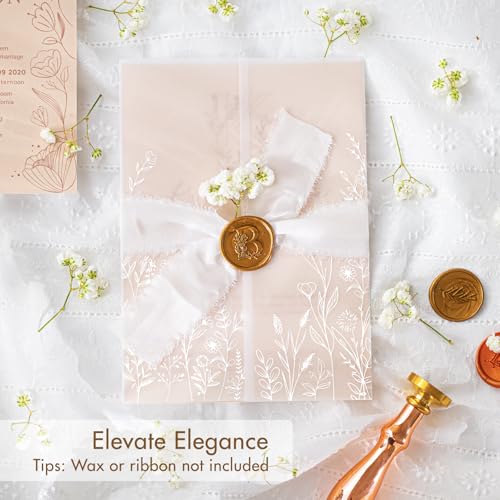50 Pack Pre-Folded Vellum Jackets for 5x7 Invitations,AZAZA Elegant Translucent Invitation Sleeves,115GSM Vellum Jackets 5x7, Wedding Invitation Accessories,for Weddings Birthdays,White Wildflower - color: White Wildflower Pattern