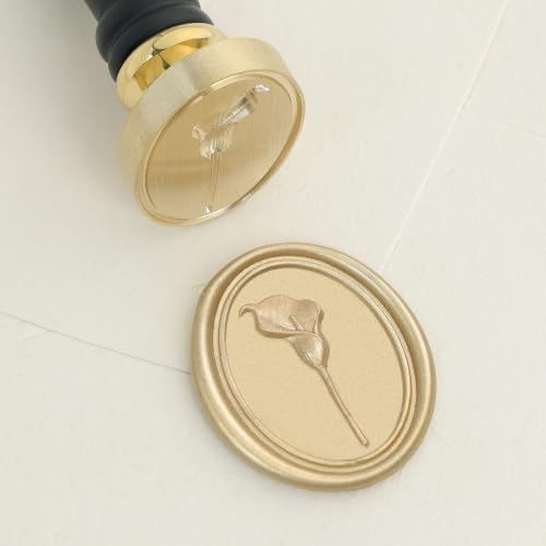 UNIQOOO 3D Embossed Relief Calla Lily Wax Seal Stamp with Wooden Handle, Vintage Brass Floral Botanical Sealing Stamp Head for Wedding Invitations, DIY Crafts, Envelopes, Gift Wrapping - color: Calla Lily